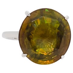 Green Sphene Round Solitaire Ring in 18k White Gold