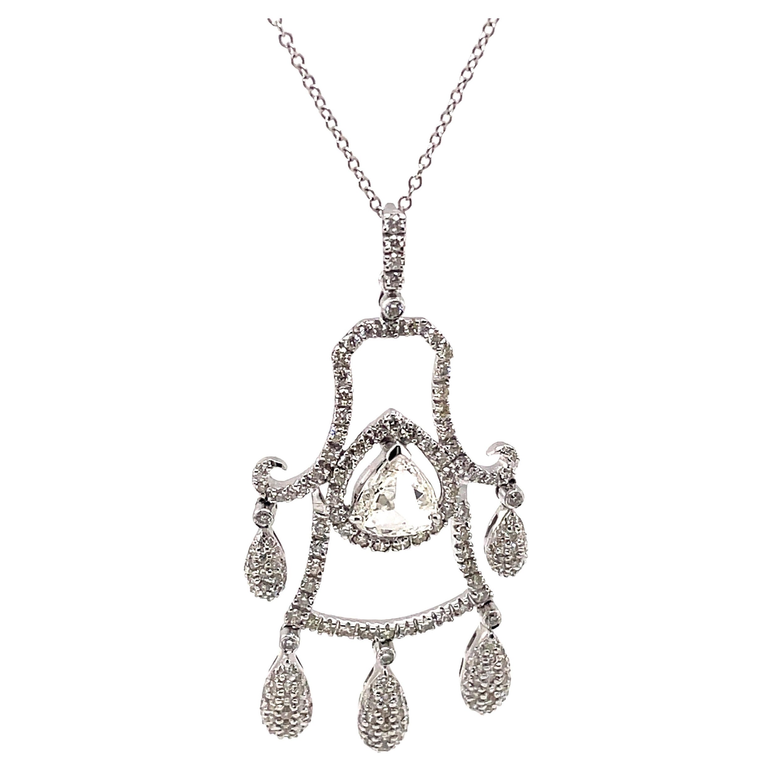 2.64ct Rose Cut and Round Diamond Pendant Necklace 18k White Gold For Sale