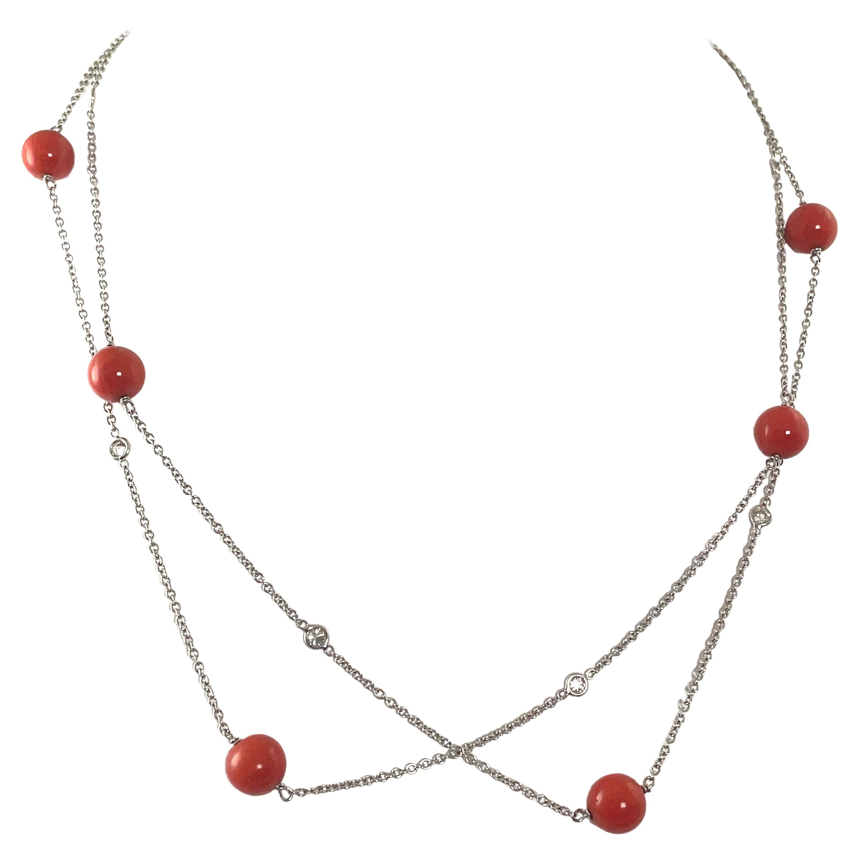 Diamond & Coral by the Yard Necklace 18k White Gold