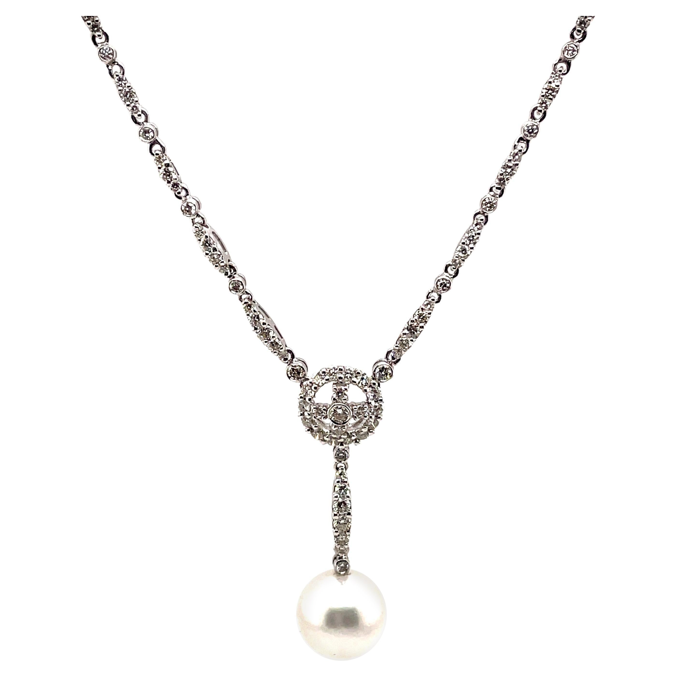 Art Deco Style 2.12ct Diamond Drop Necklace with Pearl 18k White Gold For Sale