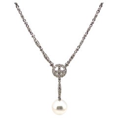Art Deco Stil 2,12 Karat Diamant-Tropfen-Halskette mit Perle 18k Weißgold