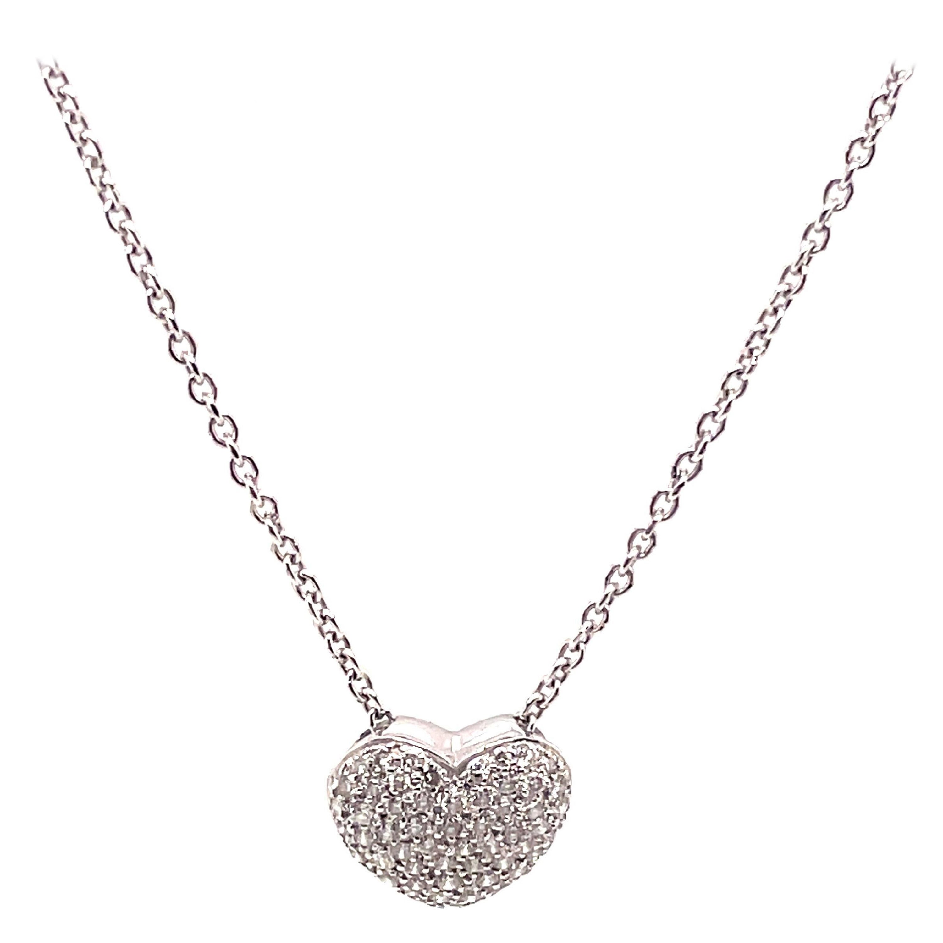 Pave Set Diamond Heart Pendant Necklace 18k White Gold For Sale
