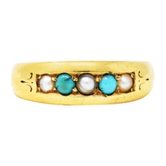 Bague jonc unisexe victorienne en or jaune 18 carats avec turquoise et perle