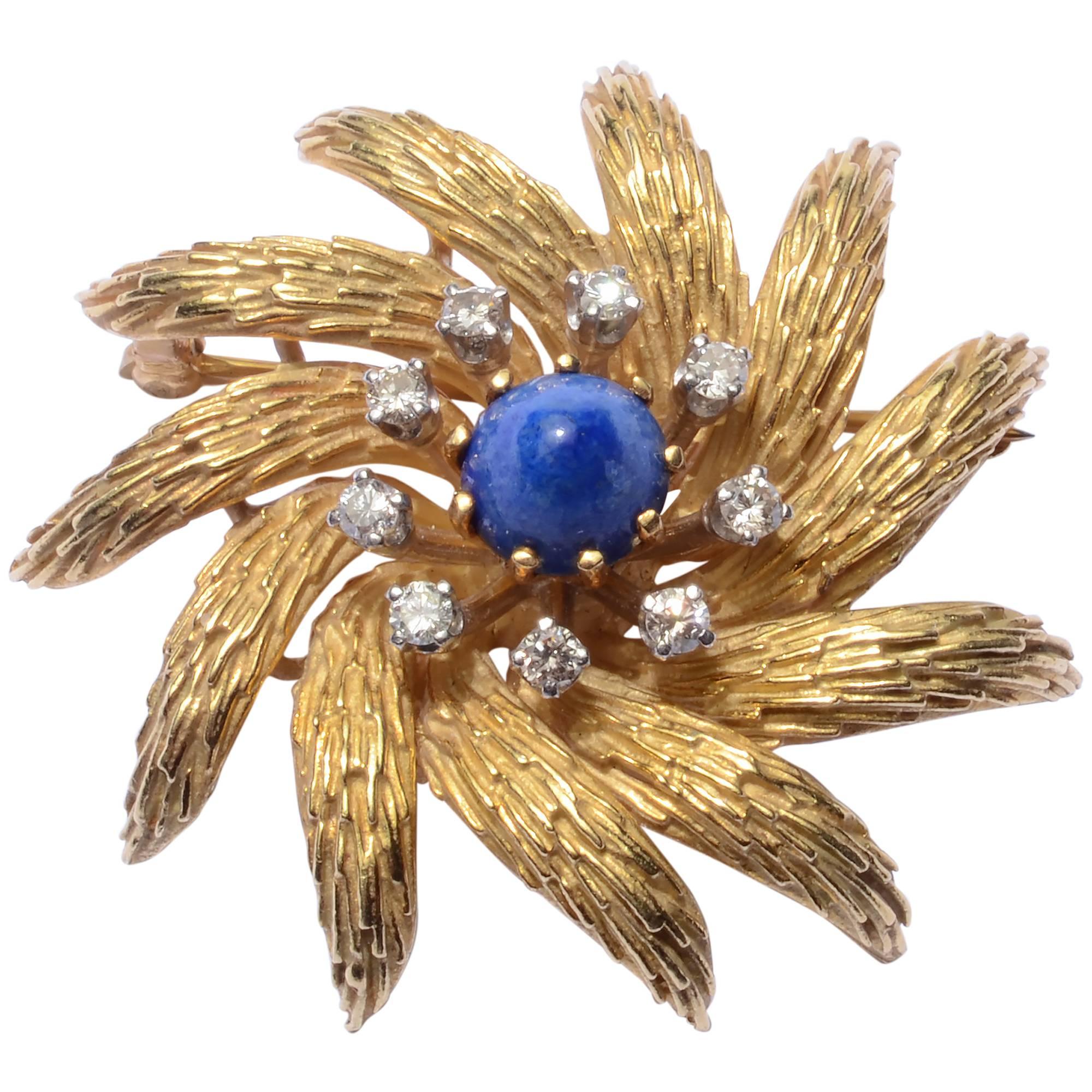La Triomphe Lapis Lazuli Diamond Gold Floral Brooch  For Sale