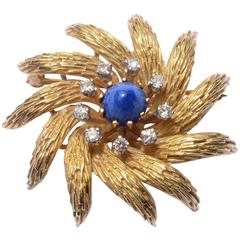 La Triomphe Lapis Lazuli Diamond Gold Floral Brooch 