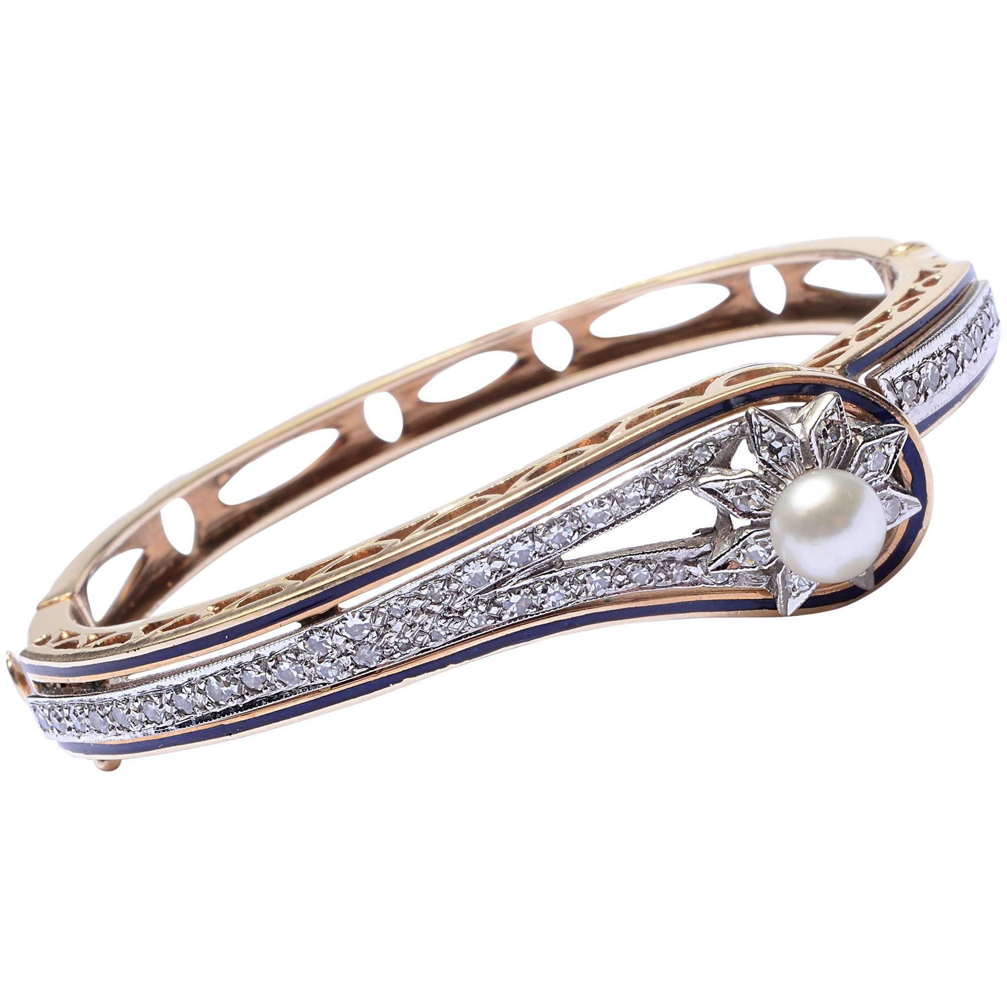1930s Enamel Pearl Diamond Gold Bangle Bracelet