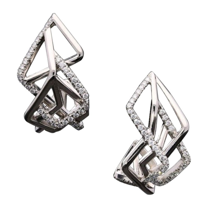 Amy Burton Sculptural Asymmetric Platinum and Diamond Disorient Hoop Earrings For Sale
