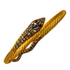 Art Nouveau Style White Rose Cut Diamond Ruby Yellow Gold Snake Bangle Bracelet