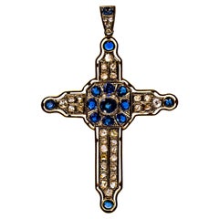 Art Deco Style White Rose Cut Diamond Blue Sapphire Yellow Gold "Cross" Pendant