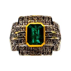 Art Deco Style Emerald Cut Emerald White Diamond White Gold Cocktail Ring