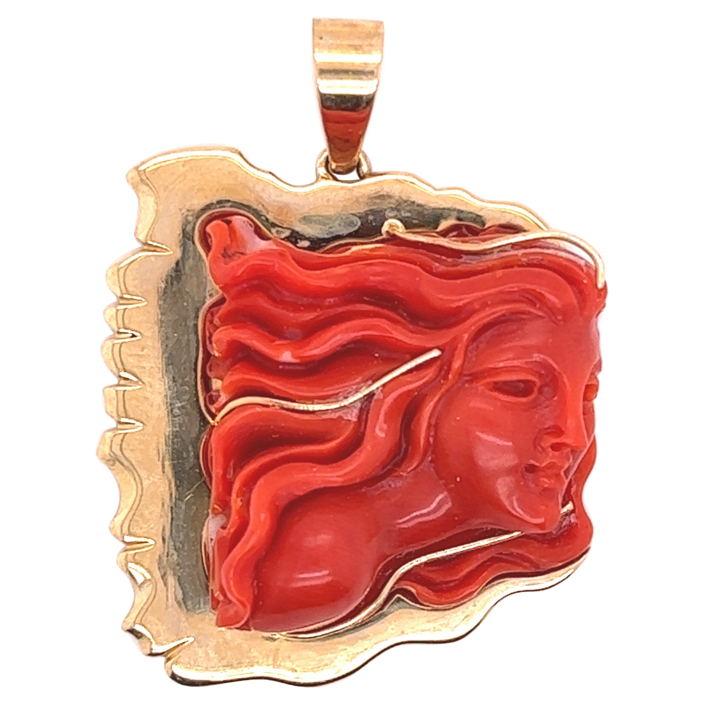 Retro Vintage Hand Carved Coral Gemstone Pendant Yellow Gold For Sale