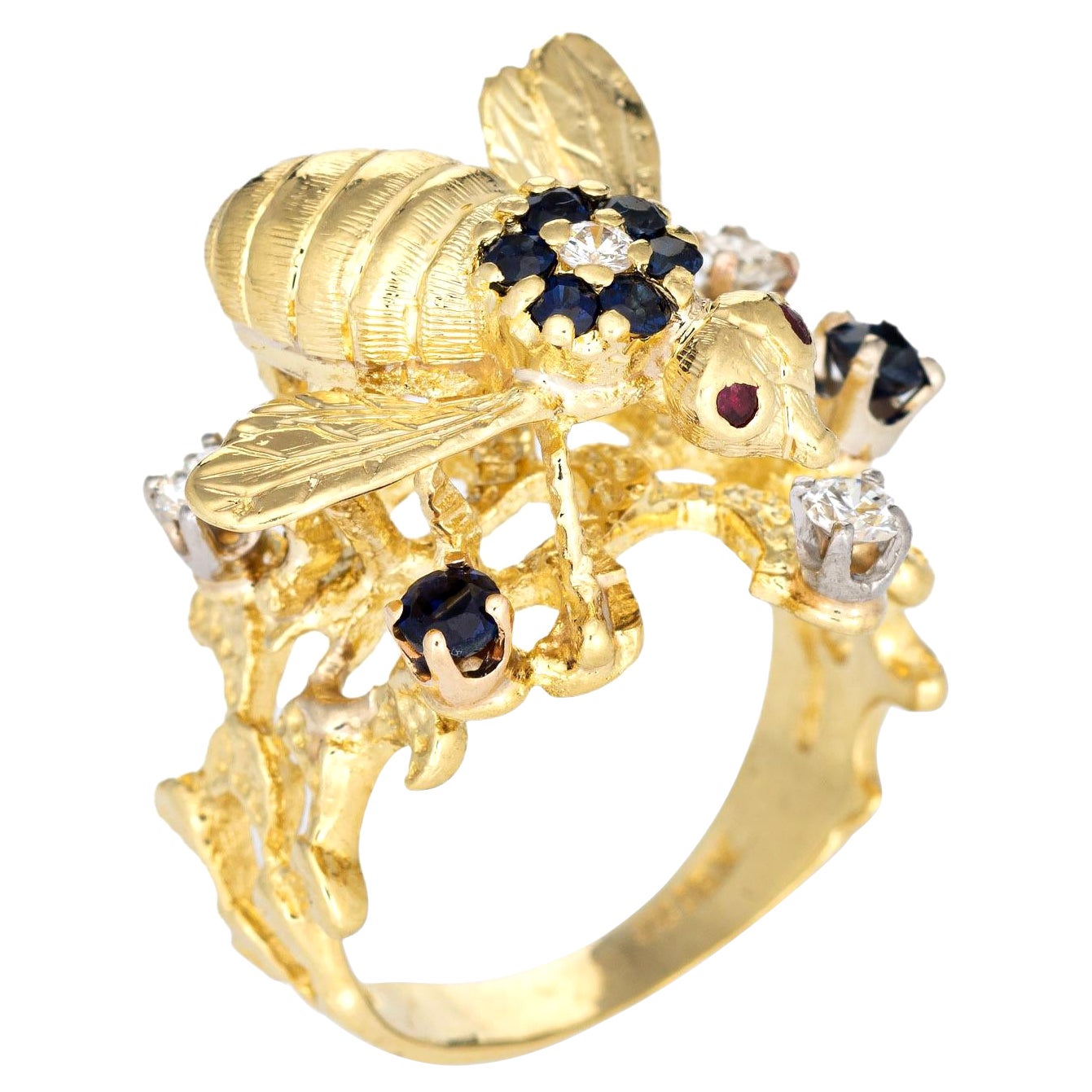 Vintage Gemstone Bee Ring 18k Yellow Gold Diamond Sapphire Honeycomb Jewelry