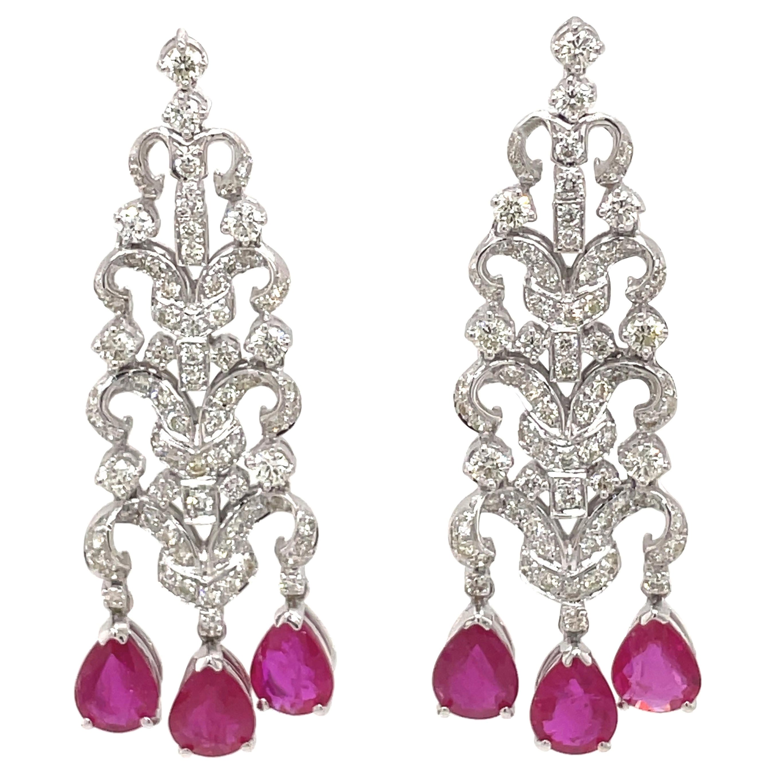 Edwardian Style 7.12ct Ruby with Diamond Chandelier Earrings 18k White Gold