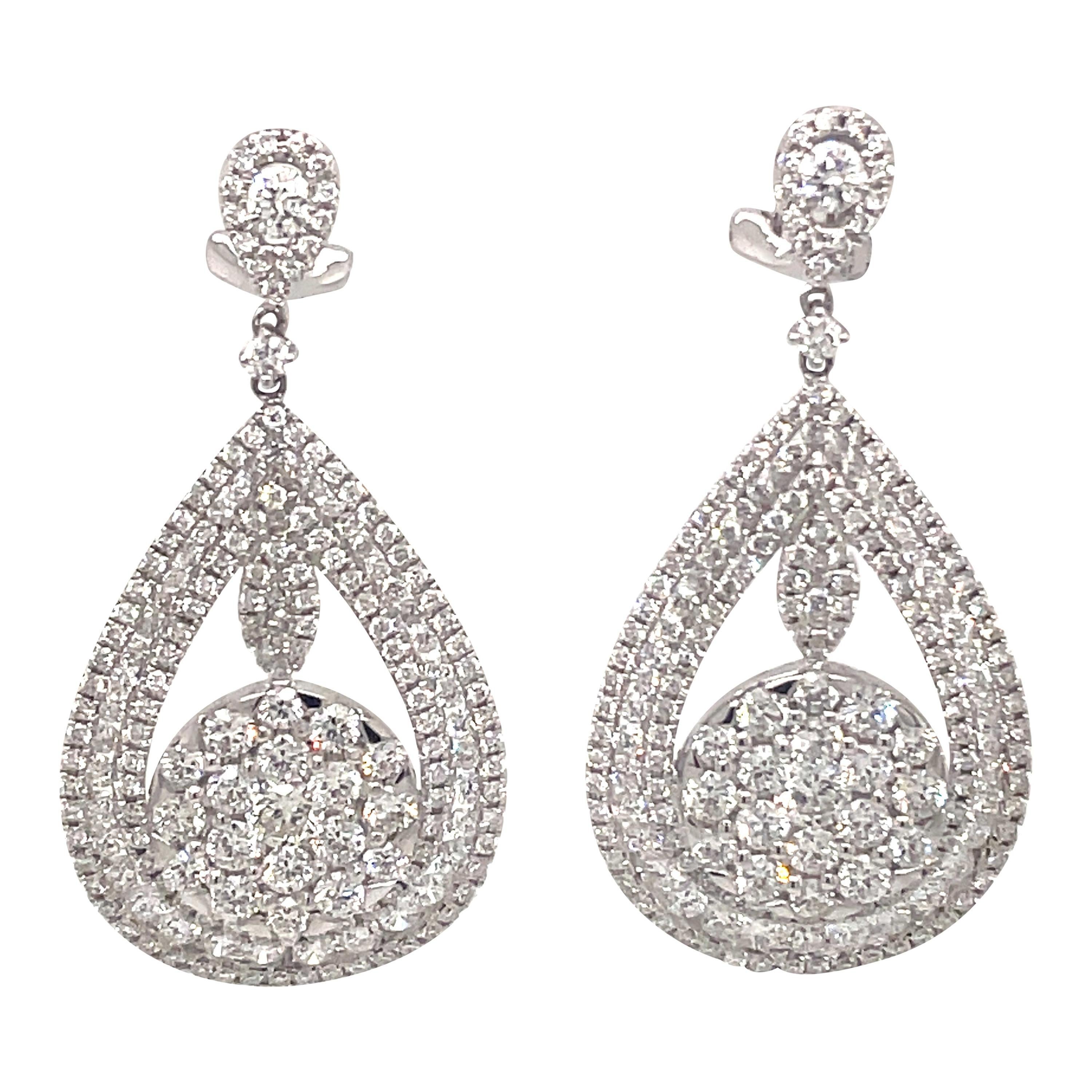 5.74ct Pave Diamond Drop Earrings 18k White Gold For Sale