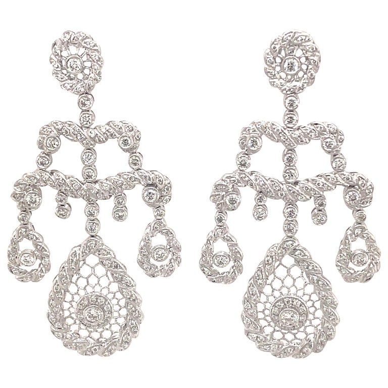 Edwardian Style 3.06ct Round Diamond Chandelier Earrings 18k White Gold