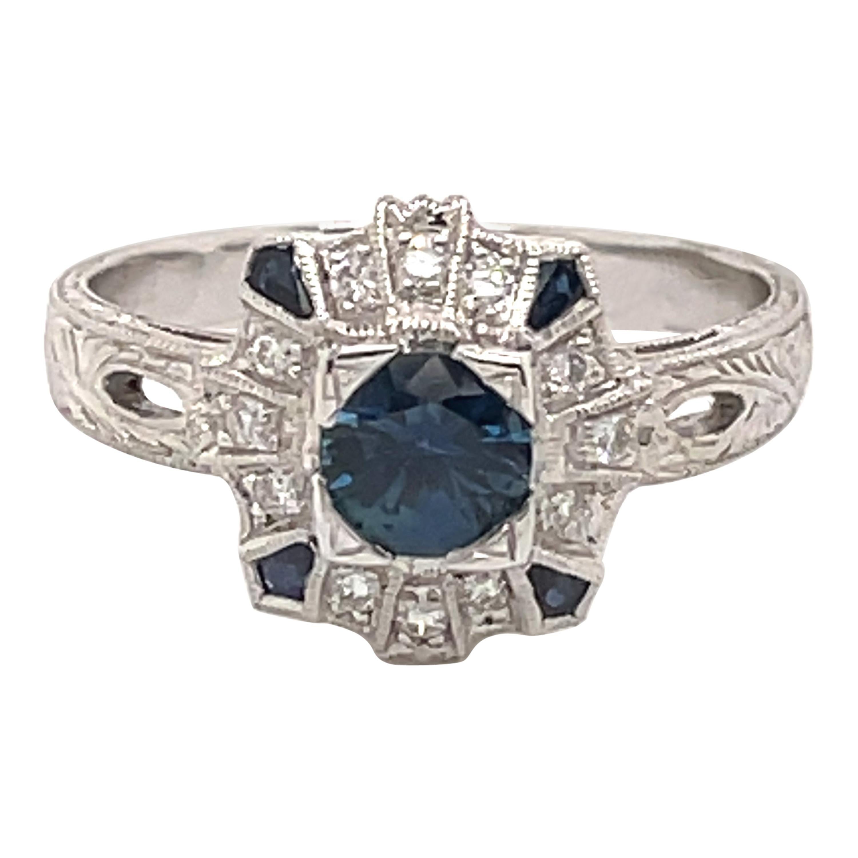 18 Karat White Gold Vintage Art Deco Style Diamond and Sapphire Navette ...