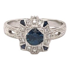 Art Deco Style Sapphire & Diamond Ring 18 Karat White Gold