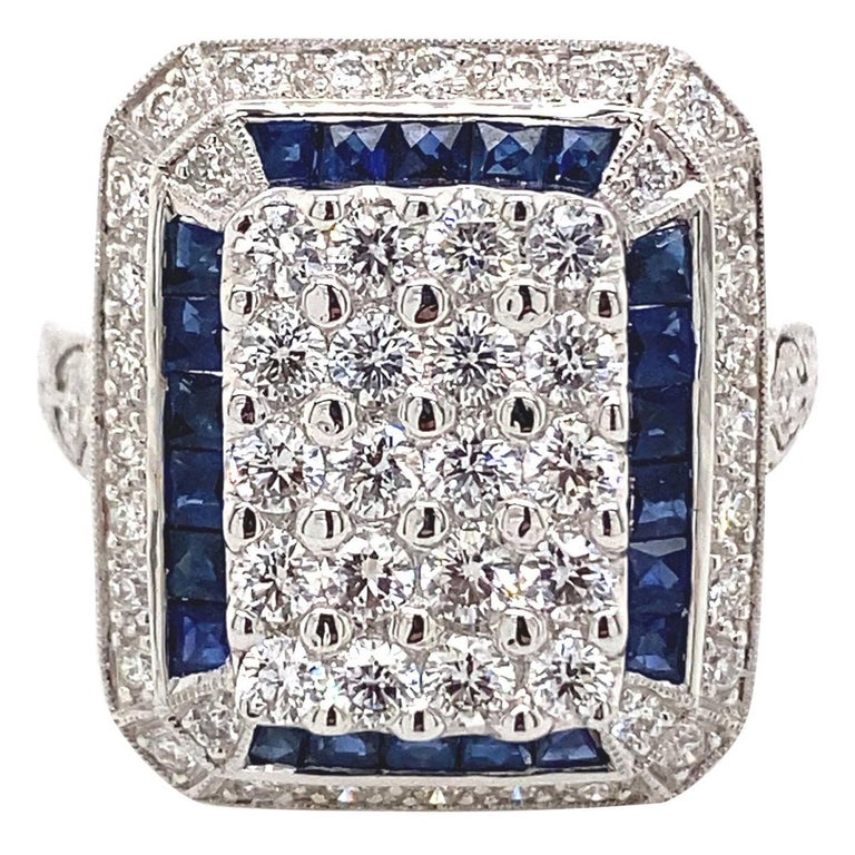 Art Deco Inspired Diamond and Sapphire Ring 18 Karat White Gold For ...