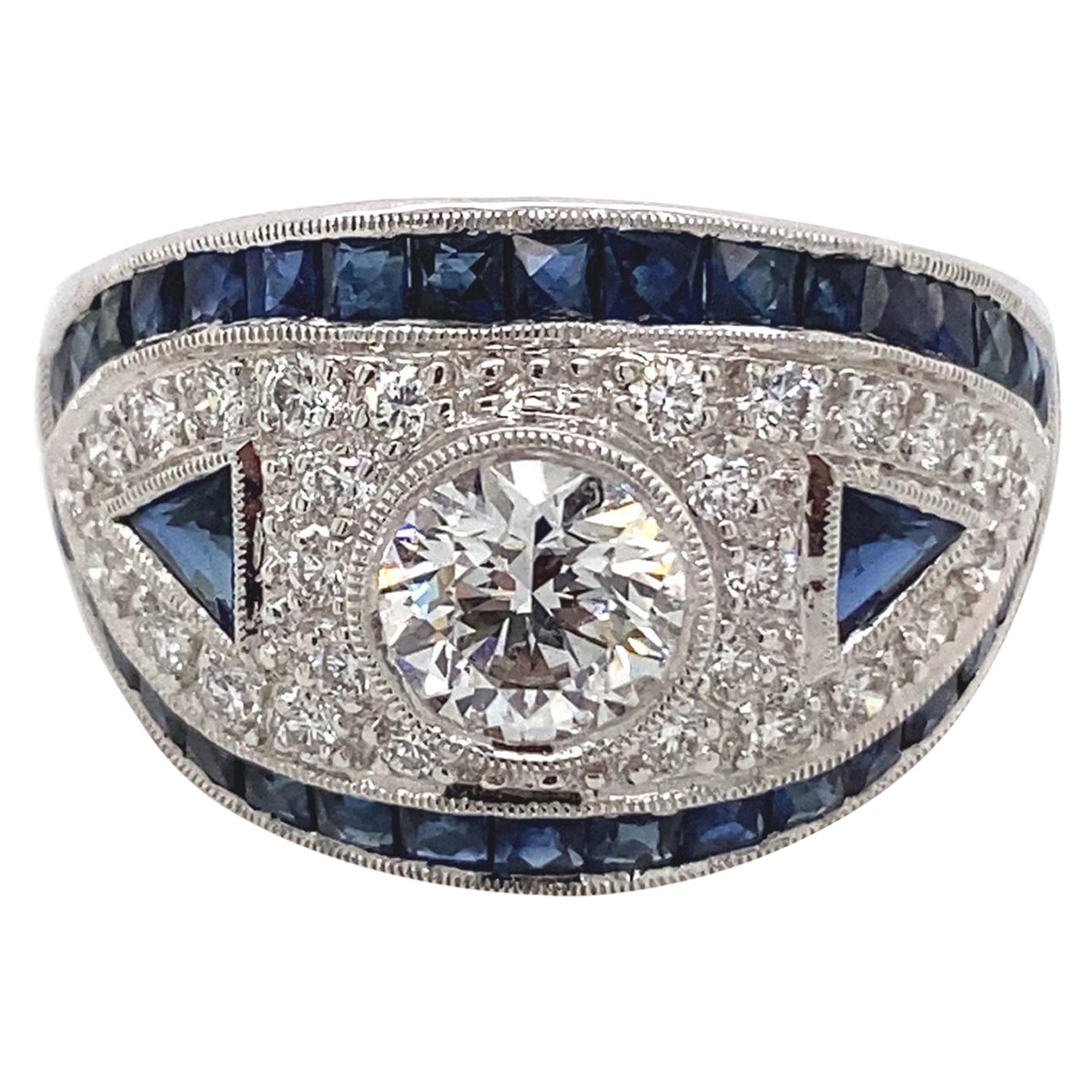 Art Deco Inspired Diamond with Sapphire Ring 18 Karat White Gold For Sale