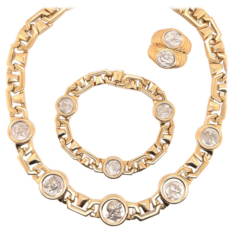 Bulgari Monete Ancient Silver Coin Necklace Bracelet Ring Set 18K Yellow  Gold at 1stDibs