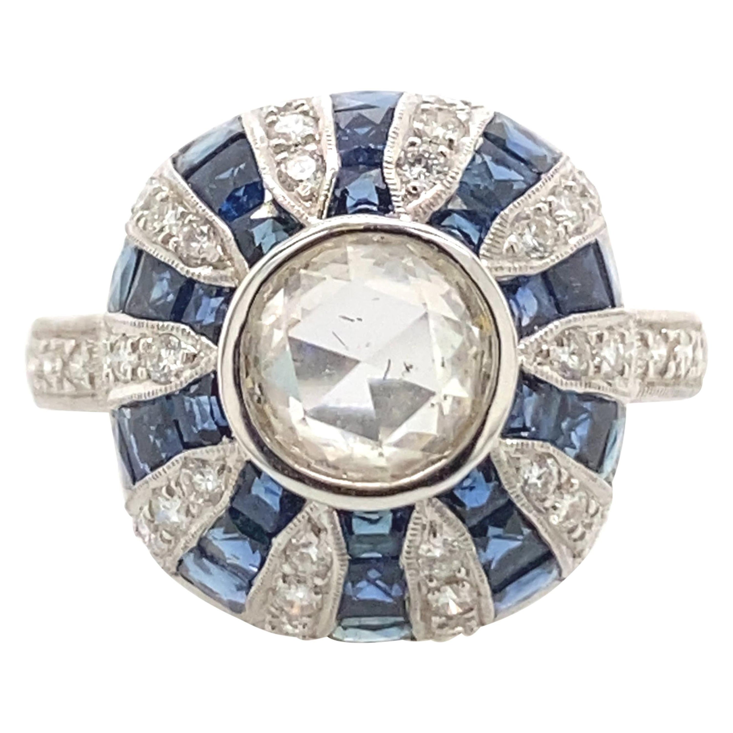 Art Deco Inspired Diamond & Sapphire Ring 18k White Gold For Sale