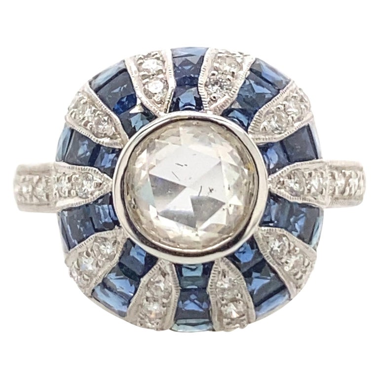 Art Deco Inspired Diamond and Sapphire Ring 18k White Gold For Sale at