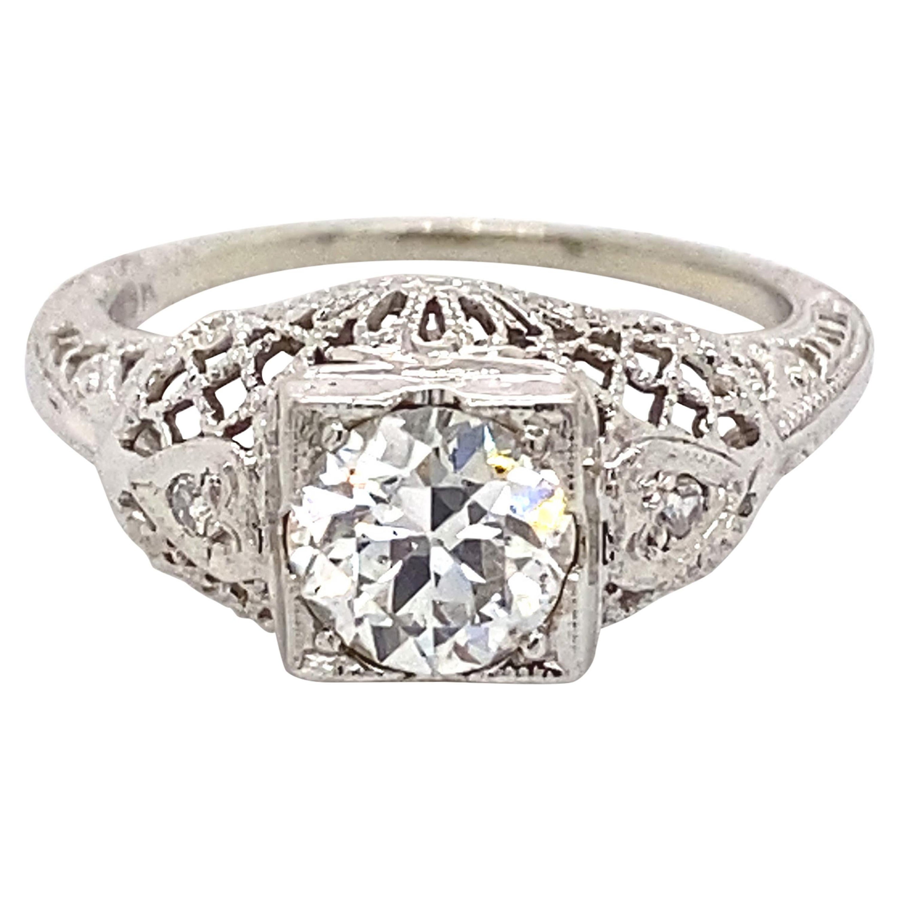 Art Deco Style Apx 0.85ct Old Mine Cut Diamond 18k White Gold Ring