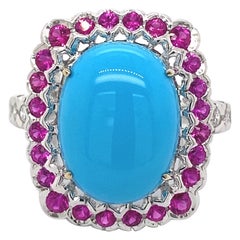 Turquoise, Ruby, and Diamond Cluster Ring 18 Karat White Gold