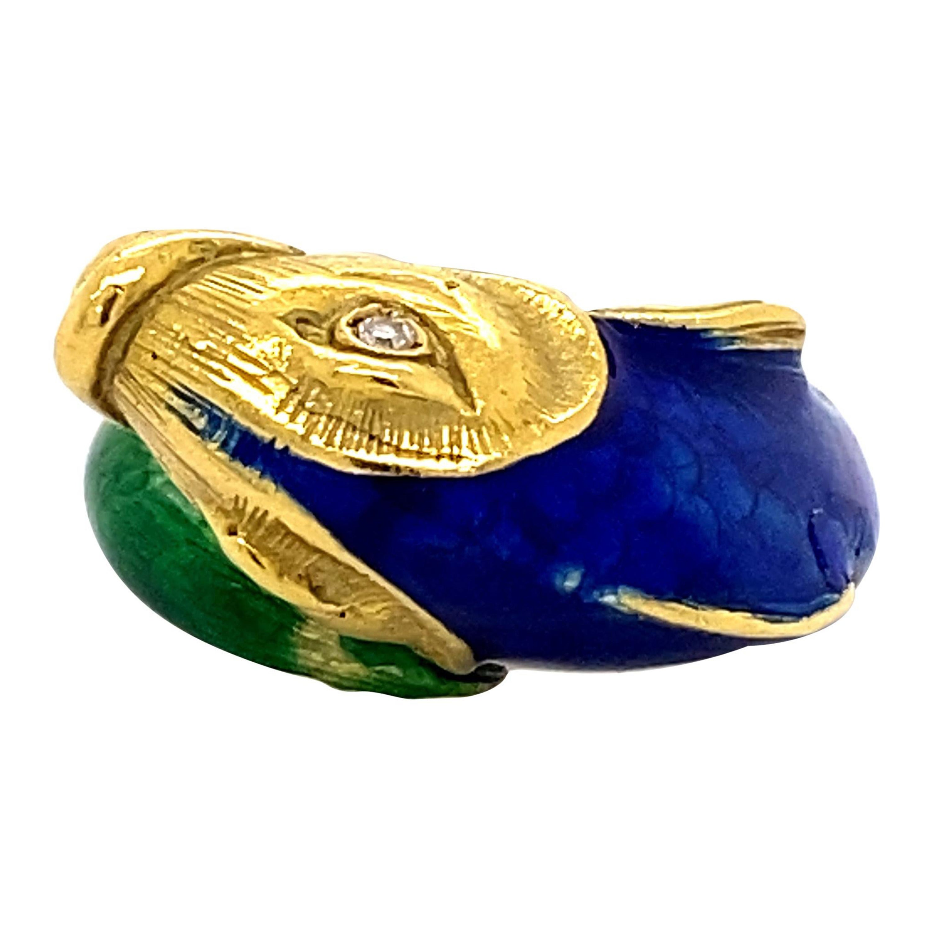 Enamel 18k Yellow Gold & Diamond Fish Ring For Sale