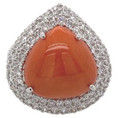 Coral and Pave Set Diamonds Ring 18 Karat White Gold