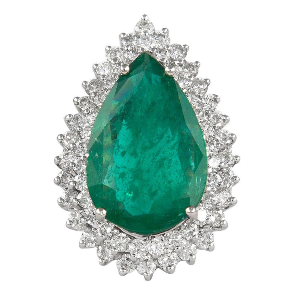 8.11 Carat Emerald with Double Diamond Halo Ring 18 Karat White Gold For Sale