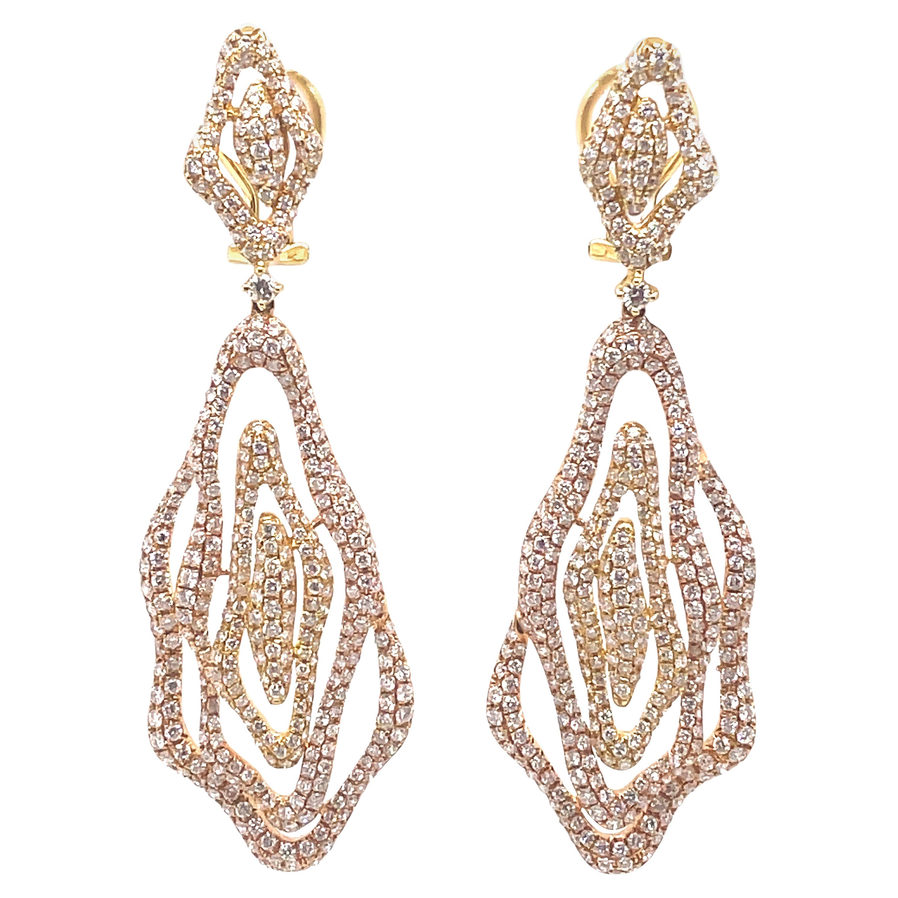 5.75ct Pave Set Diamonds Dangle Wave Earrings 18k Rose and Yellow Gold For Sale