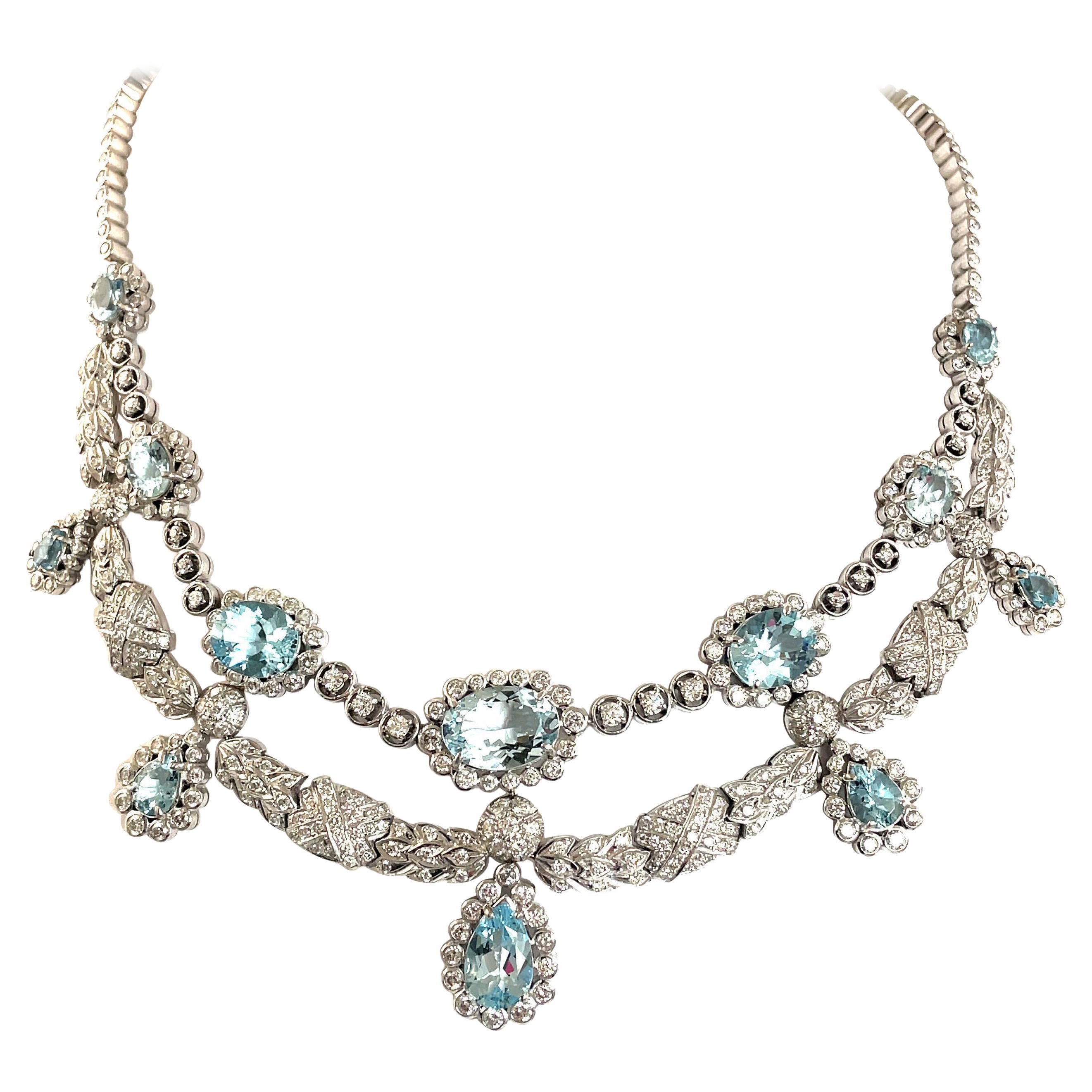Grand Aquamarine and Diamond Necklace 18k White Gold For Sale