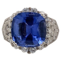 Art Deco Style 8.13 Carat Sapphire with Diamond Ring 18 Karat White Gold