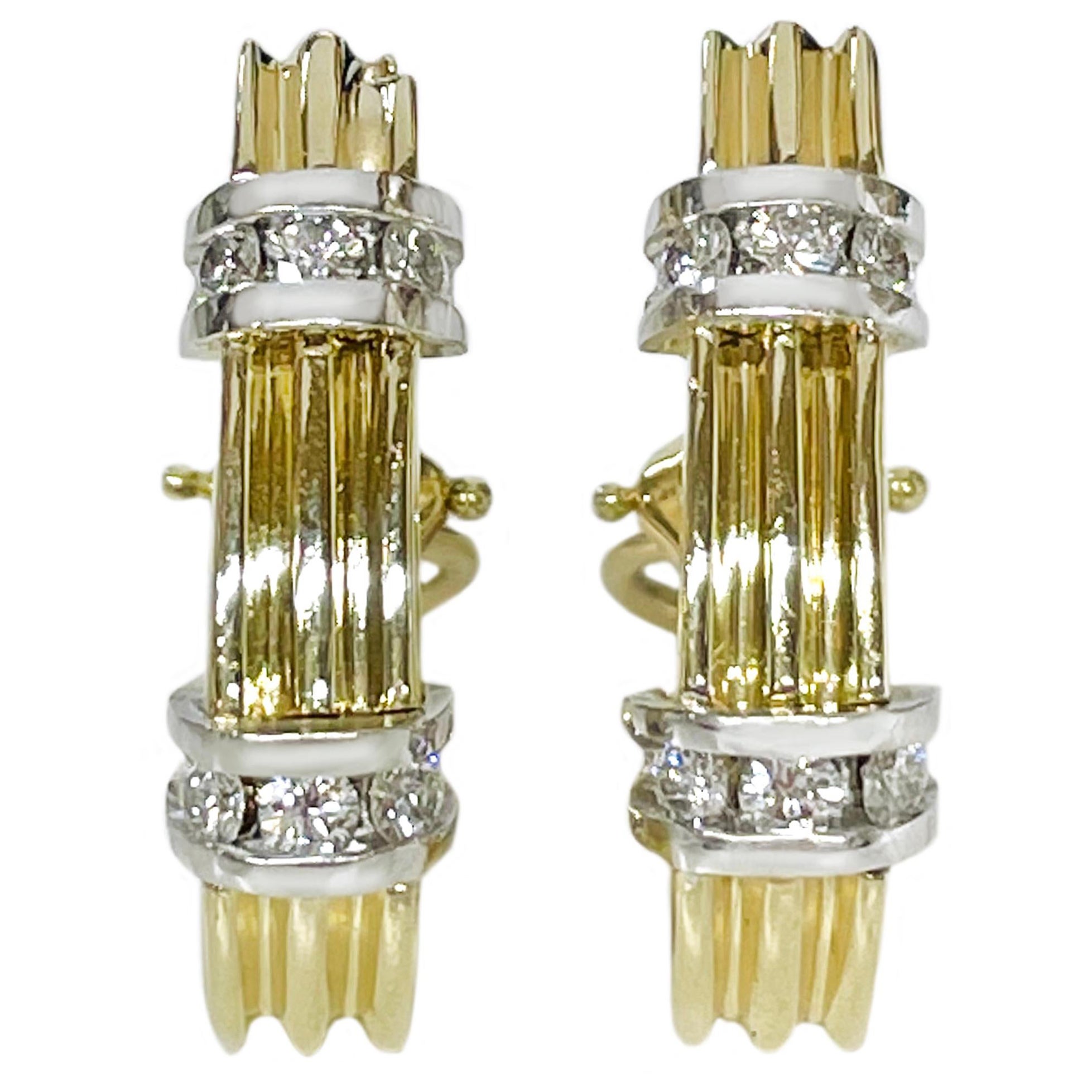 Two-Tone Ridged Diamond Earrings For Sale