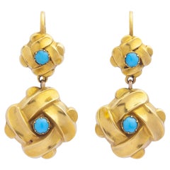 Victorian, 14 Karat Gold Basketweave & Turquoise Drop Earrings