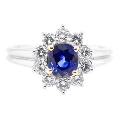 1.53 Carat Natural Blue Sapphire & Diamond Ring Set in Platinum and 18K Gold
