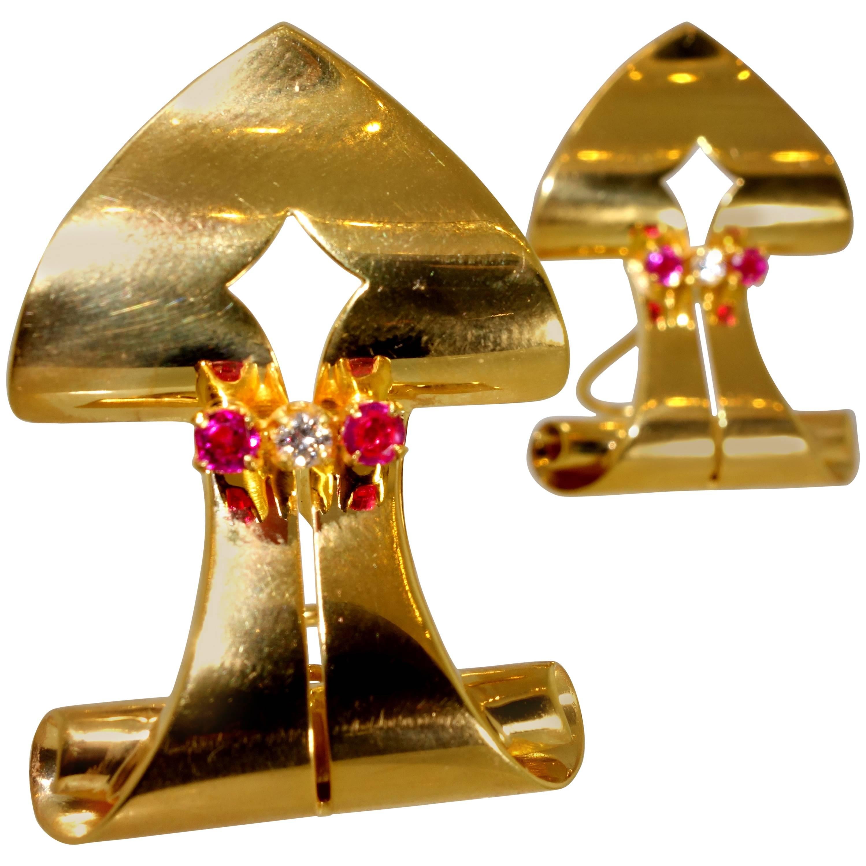 1950s Retro Ruby Diamond Gold Shield Shape Earrings