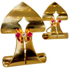 1950s Vintage Ruby Diamond Gold Shield Shape Earrings