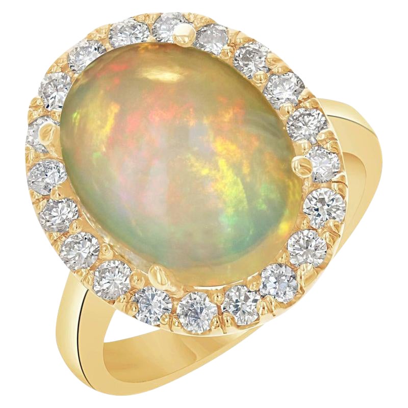 5.96 Carat Oval Cut Opal Diamond Yellow Gold Ring For Sale