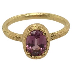 Patricia Daunis Hammered Yellow Gold with Oval Rose Pink Rhodolite Garnet Ring