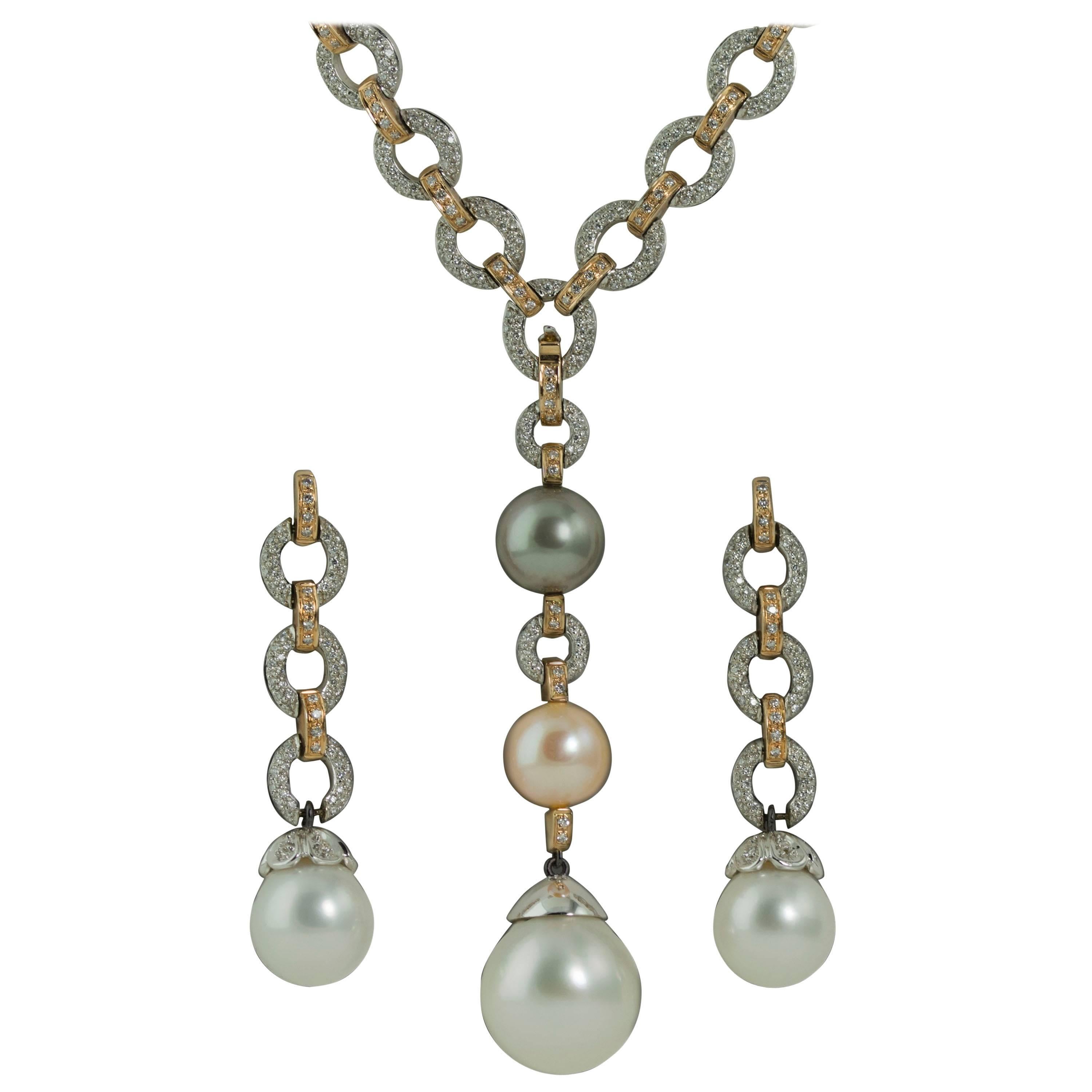 South Sea Pearl Diamond Two Color Gold Necklace and Earring Suite