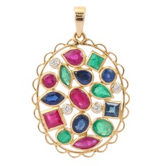 18K Yellow Gold Emerald, Ruby and Blue Sapphire with Diamonds