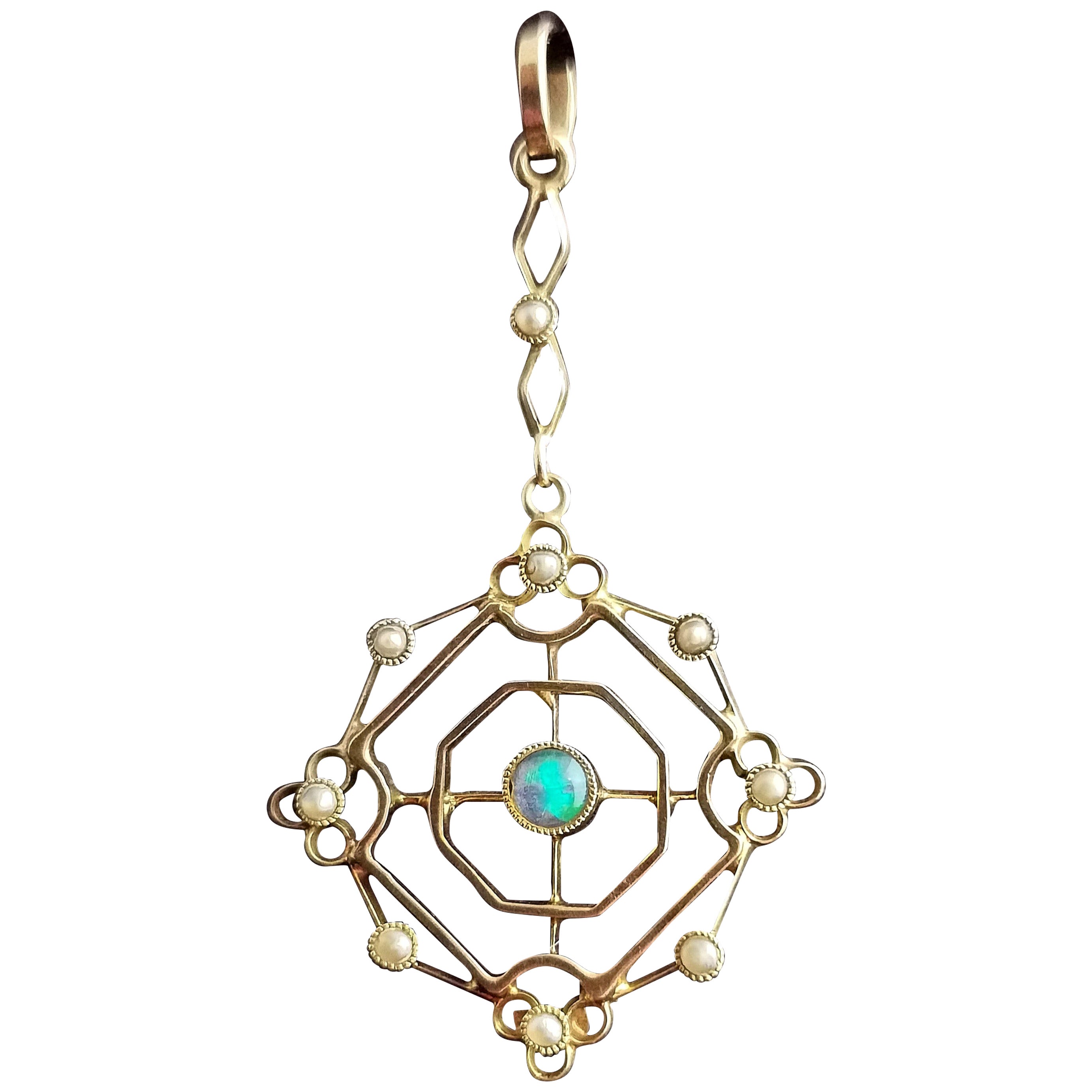 Antique Opal and Seed Pearl Pendant, 15k Gold, Art Nouveau
