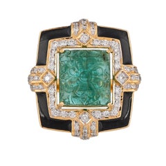 11.01 Carat Emerald Carving Diamond and Black Enamel 18kt Yellow Gold Ring