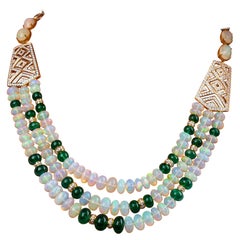 177.36 Carat Ethiopian Opal Emerald and Diamond 18kt Yellow Gold Necklace