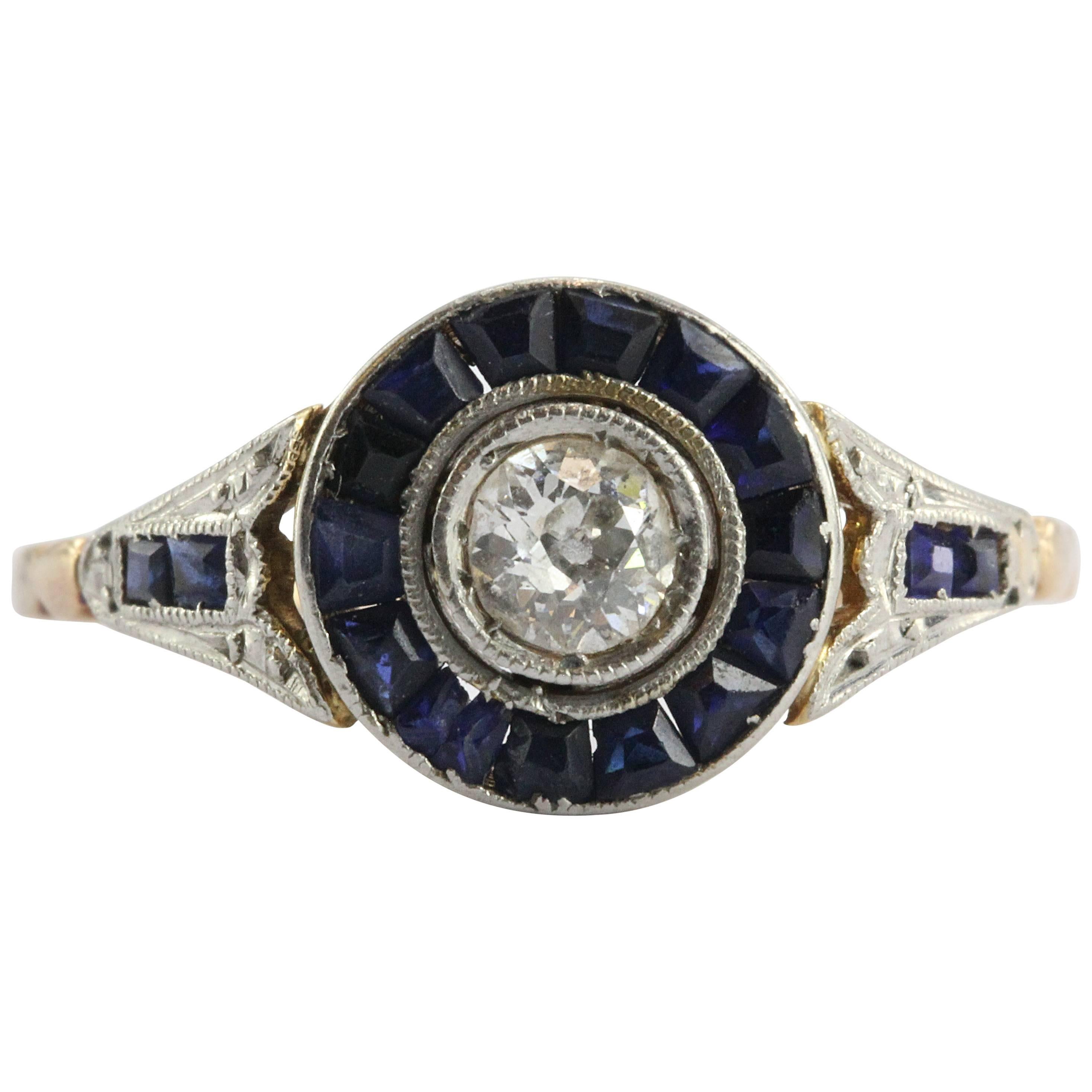 Art Deco Calibre Blue Sapphire Diamond Gold Platinum Ring