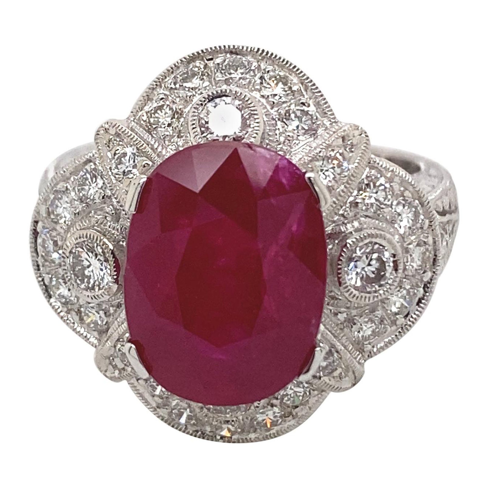 5.12 Carat Ruby with Diamond Art Deco Style Ring 18 Karat White Gold For Sale