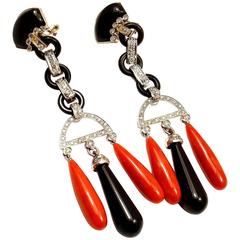 Antique Red Coral Black Onyx Diamond Gold Drop Earrings