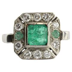 Art Deco Emerald Diamond Platinum Engagement Ring